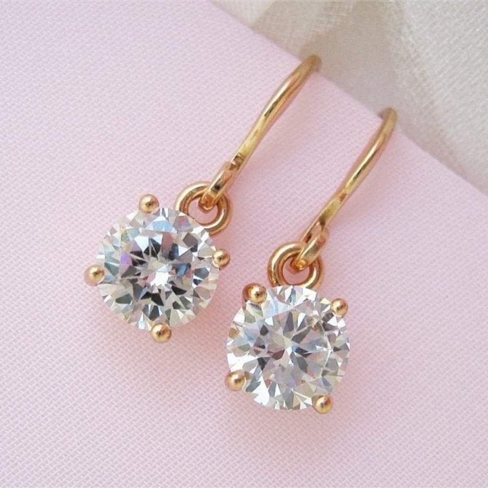 Dainty Rose Gold Dangle Earrings Faceted Cubic Zirconia Stones